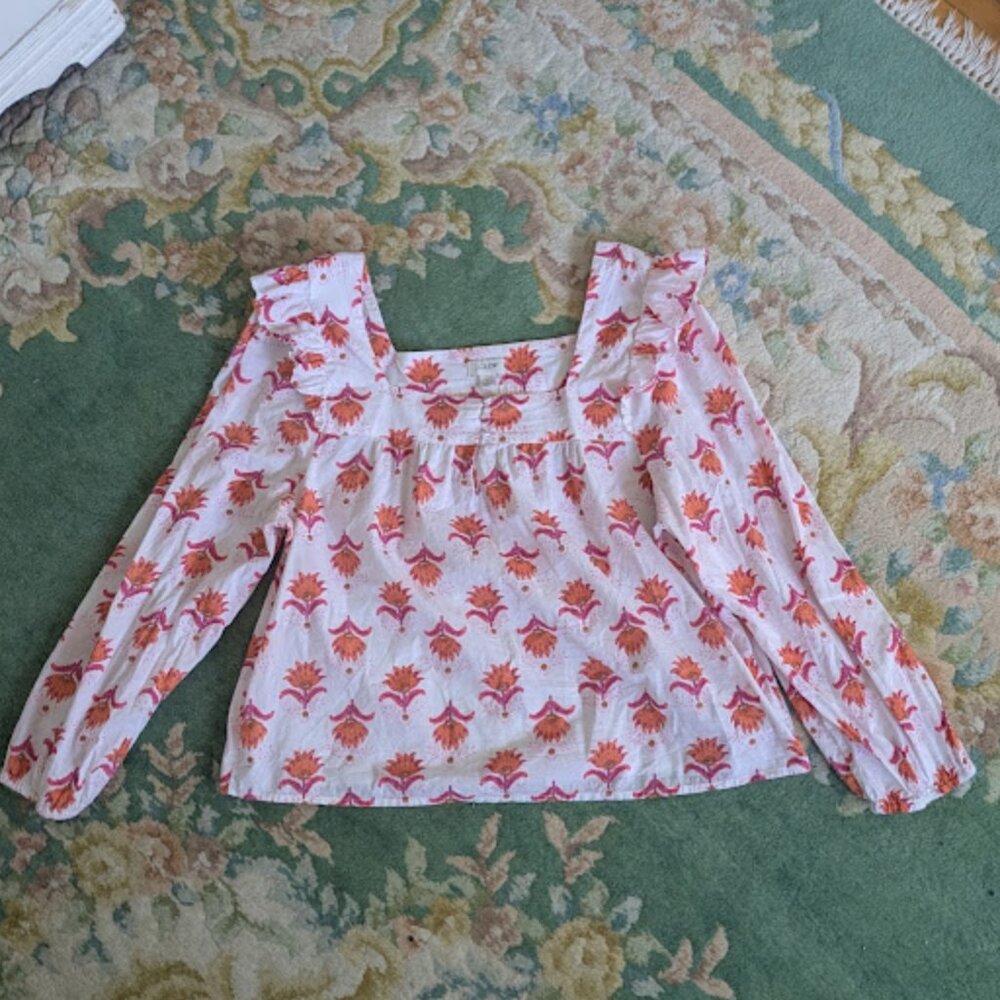 J CREW Women Sz L Shirt White Orange Pink Block Print Floral Ruffle Square Neck